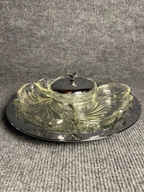 Vintage Kormex Clear Glass Lazy Susan Divided Serving Tray with Silver Lid